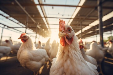 close-up of a white chicken in a sunlit poultry farm, highlighting its detailed feathers and curious expression, with other chickens and a warm golden light in the background