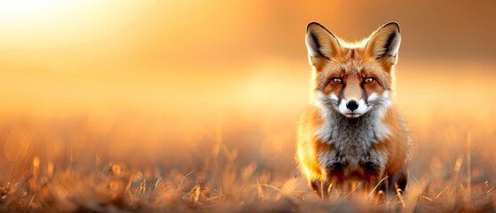 A tight shot of a fox in a lush grass field, bathed in sunlight, its face illuminated