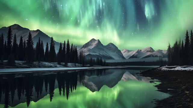 Alaska Katmai National Park Green Aurora Starry Sky Reflections Pan R Generative AI