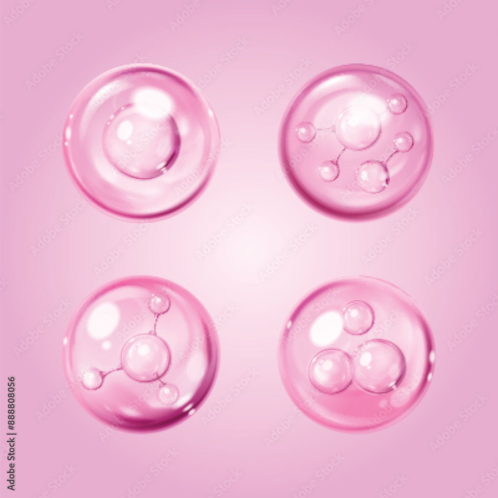 Poster serum drops set with molecule structure isolated on background. vector realistic illustration of pin