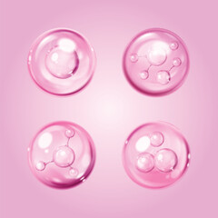 Serum drops set with molecule structure isolated on background. Vector realistic illustration of pink cosmetic gel blobs, bubbles with light reflection, skin care oil sample, dermatology lab science