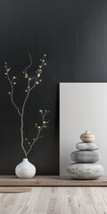 Minimalist zen apartment interiors design in calming colors with minimal furniture and copy space. Oriental inspired Real Estate luxury property.