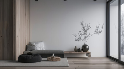 Minimalist zen apartment interiors design in calming colors with minimal furniture and copy space. Oriental inspired Real Estate luxury property.