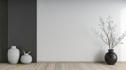 Minimalist zen apartment interiors design in calming colors with minimal furniture and copy space. Oriental inspired Real Estate luxury property.