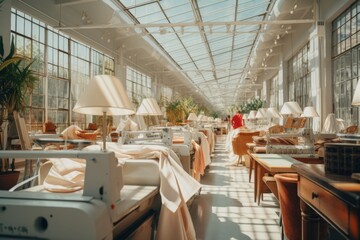 Sunlit textile workshop with vintage sewing machines, warm lighting, and lush plants under a glass roof. The spacious, airy atmosphere enhances creativity and craftsmanship