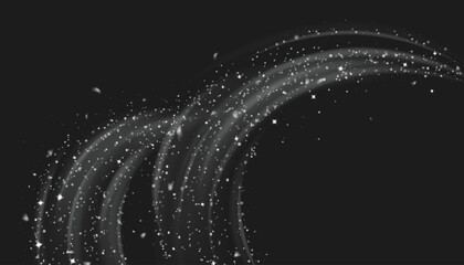 Snow swirls isolated on white background. Vector realistic illustration of shimmering white powder flying in darkness, frosty winter air during snowstorm, magic snowflakes vortex sparkling at night © klyaksun