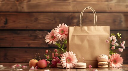 Shopping time with paper bag flowers and macaroons on wooden backdrop