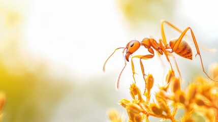 Naklejka premium Close-up macro shot of an ant carrying food, detailed textures and vibrant colors, sharp and clear
