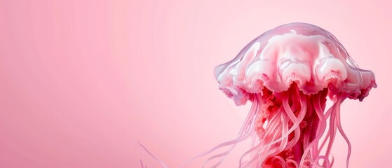  Close-up of a jellyfish against a pink backdrop, with the lower part softly blurred