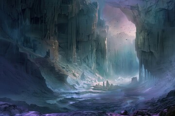 Mysterious Underground Chasm With Glowing Crystals And Flying Creatures