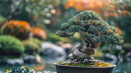 Enigmatic dragon tree bonsai with unique trunk in a mystical garden