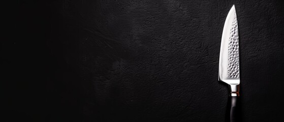  A knife, its blade glinting, rests atop a black table Nearby, a wall in deep shadow absorbs the stark contrast of a white-handled knife jut