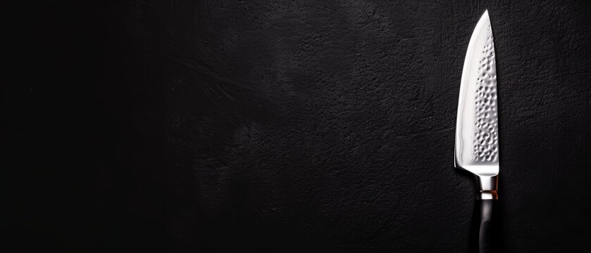  A knife, its blade glinting, rests atop a black table Nearby, a wall in deep shadow absorbs the stark contrast of a white-handled knife jut