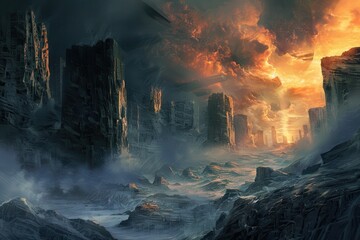 Dark Fantasy Landscape with Towering Rock Formations and Fiery Sky