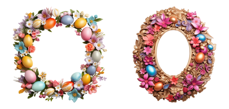 Set of easter egg frame. Whimsical holiday decor isolated on a transparent background.