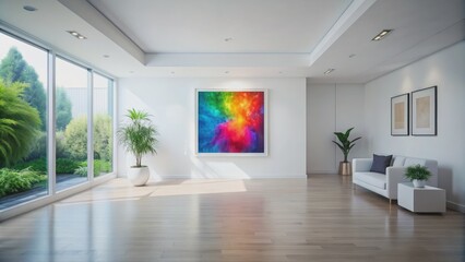 Fototapeta premium Minimalist white room with empty walls features a large digital art frame with vibrant colors in a modern setting.