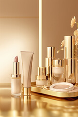 Cosmetic set, placed on a gold counter, gold background, clean and tidy