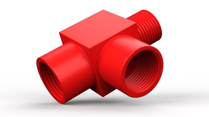 Red Tee Socket hydraulic fitting. 3d render. Isolated on white background