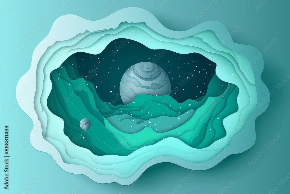 Poster layered blue abstract space scene with planets creating a visually intriguing and modern design