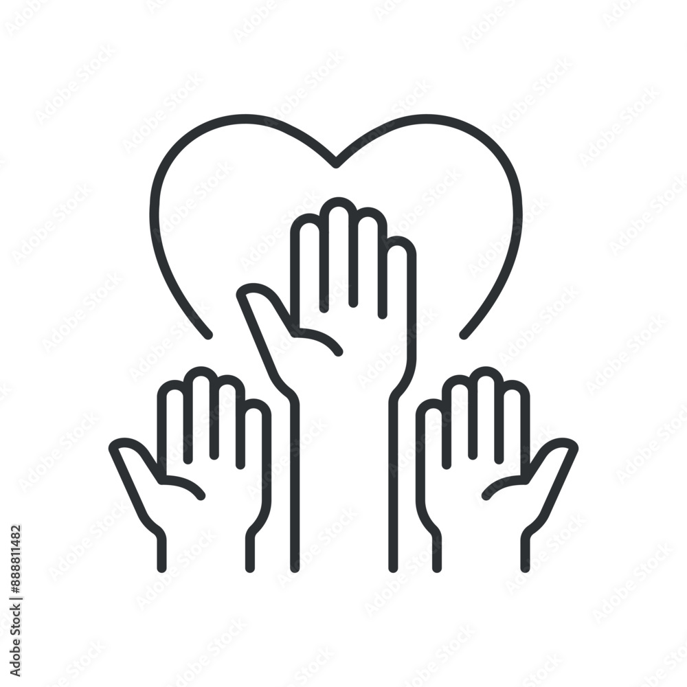 Canvas Prints Icon depicting multiple raised hands forming a heart shape, representing volunteerism and support. Vector illustration.