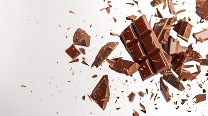 Broken chocolate bar pieces in mid-air, isolated with a white backdrop, highlighting the delicious texture.