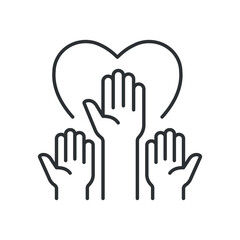 Icon depicting multiple raised hands forming a heart shape, representing volunteerism and support. Vector illustration.