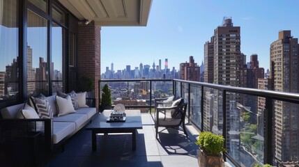 Obraz premium Chic apartment balcony with contemporary decor, overlooking a breathtaking urban landscape.