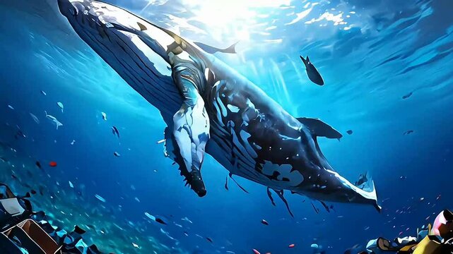 A humpback whale swims gracefully among beautiful coral reefs. But this beauty is threatened by plastic waste floating everywhere. This picture reminds us to be aware of the problem of marine pollutio