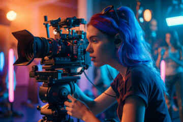 DSLR Cinema Video Camera Operator at Work. Taking Interior Shoots Using Artificial Lighting. Videography Industry