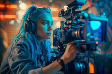 Young Caucasian Female Cinematographer Adjusts Camera Settings On Film Set, Capturing Vibrant, Dynamic Footage