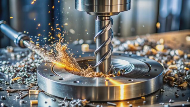 High-precision metal drill bit penetrates steel billet, creating perfectly circular holes on an industrial drilling machine with metal shavings scattered.