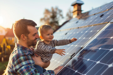 Closeup of man holding his little son and pointing on solar panel on the roof