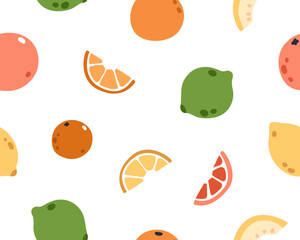 Citrus fruits, seamless pattern design. Tropical summer print. Endless background, texture, lemon, lime, orange and grapefruit. Colored flat vector illustration for wrapping, wallpaper and fabric