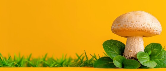  A white mushroom atop a green plant, resting on a yellow surface, adjacent to another green plant
