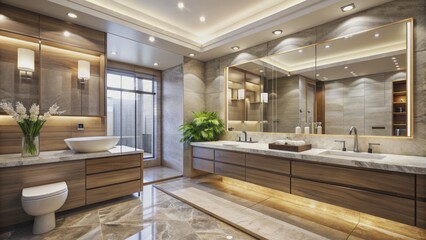 Fototapeta premium Sleek contemporary bathroom features crisp lines, marble countertops, and a serene ambiance, exuding luxury and sophistication in a calm atmosphere.