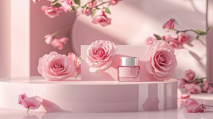 Elegant podium with pink roses, highlighting the natural beauty of spring-themed cosmetic products.