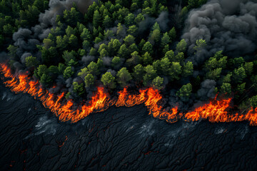 Forest fire with coniferous trees is on fire and smoke, top view