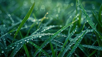 Fresh dewy grass blades, captured in close-up with glistening water drops
