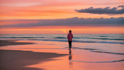 Fototapeta premium lone woman stands on a beach at sunset, facing the ocean. The sky is a vibrant mix of pink, orange, and blue.