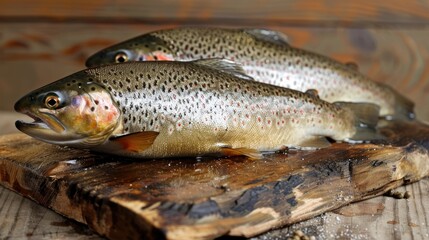 Two trout on a cutting board in a kitchen