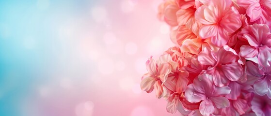  A tight shot of numerous pink blossoms against a backdrop of blue and pink Background features a gentle blur of light