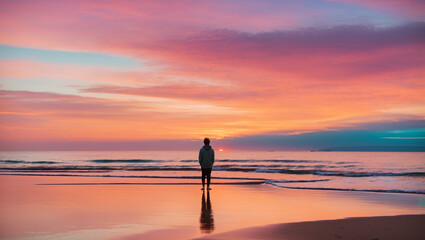 Fototapeta premium lone woman stands on a beach at sunset, facing the ocean. The sky is a vibrant mix of pink, orange, and blue.
