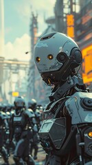 Futuristic Robot Army Marching in a City