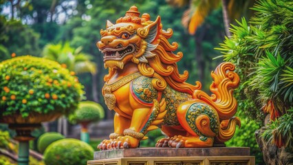Fototapeta premium Vibrant orange and gold Chinese lion sculpture with intricate designs and fierce expression situated on a ornate pedestal outdoors.