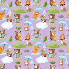 Seamless pattern with cute Bears in rainy season.