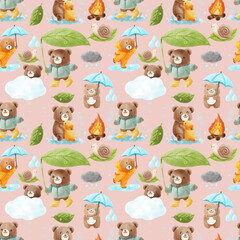 Seamless pattern with cute Bears in rainy season.