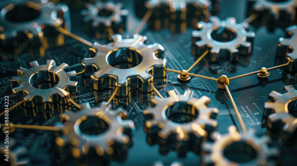 Poster set of gears and cogs illustrating the interconnectedness of team members in a business setting.