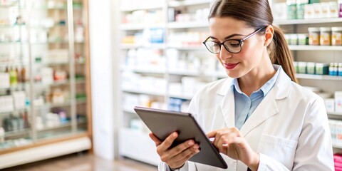 Pharmacist Using Digital Tablet in Pharmacy. A focused pharmacist wearing a white lab coat uses a digital tablet while standing in a modern pharmacy.