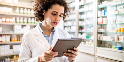 Pharmacist Using Digital Tablet in Pharmacy. A focused pharmacist wearing a white lab coat uses a digital tablet while standing in a modern pharmacy. 