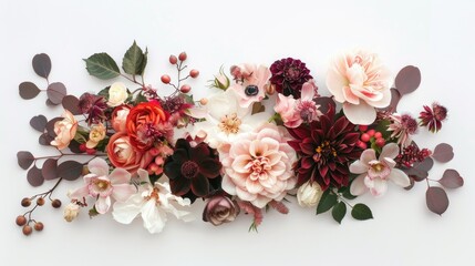 Top view of a floral arrangement on a white background, perfect for wedding invitations and bridal mockups.